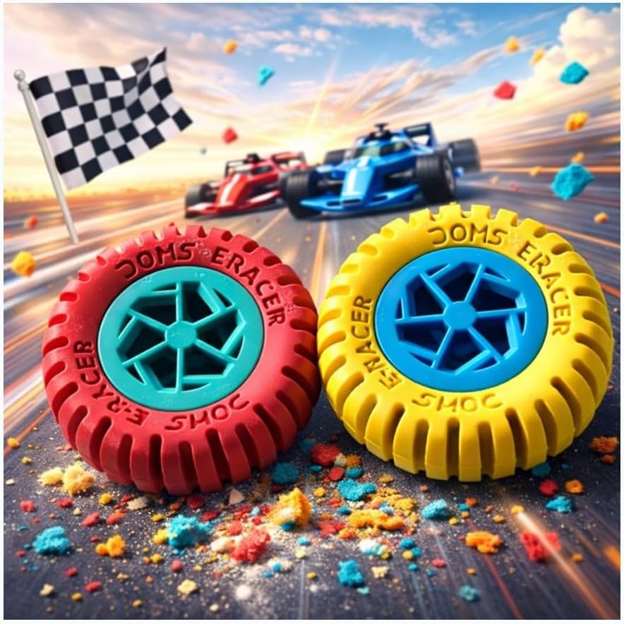 Wheel-Shaped ERacer Erasers for Kids – Fancy Tire Design Erasers for Boys, Girls & Students (Pack of 8, Multicolor)