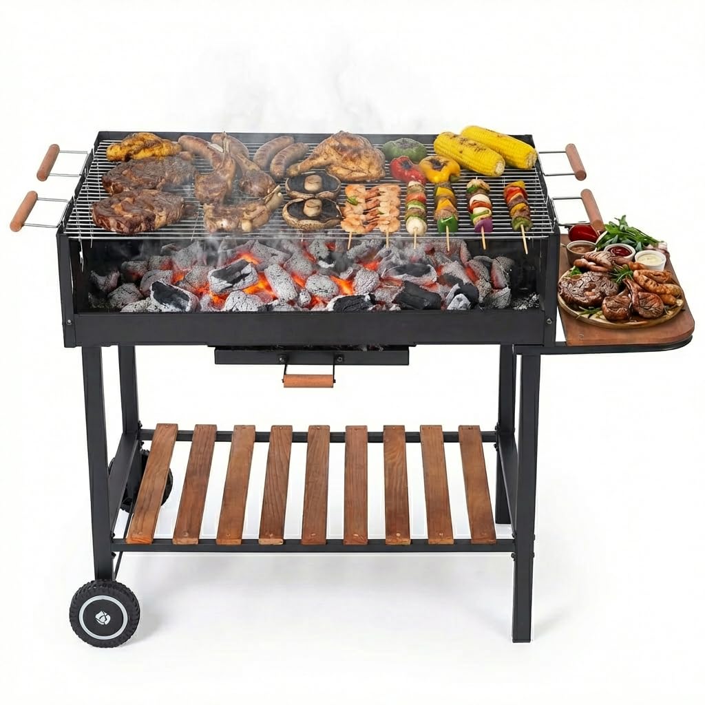 Tarrington House Holzkohlegrill Bratislava, 60 x 100 cm, Seitenablage, höhenverstellbare Roste, fahrbar, Stahl/Kieferholz, schwarz