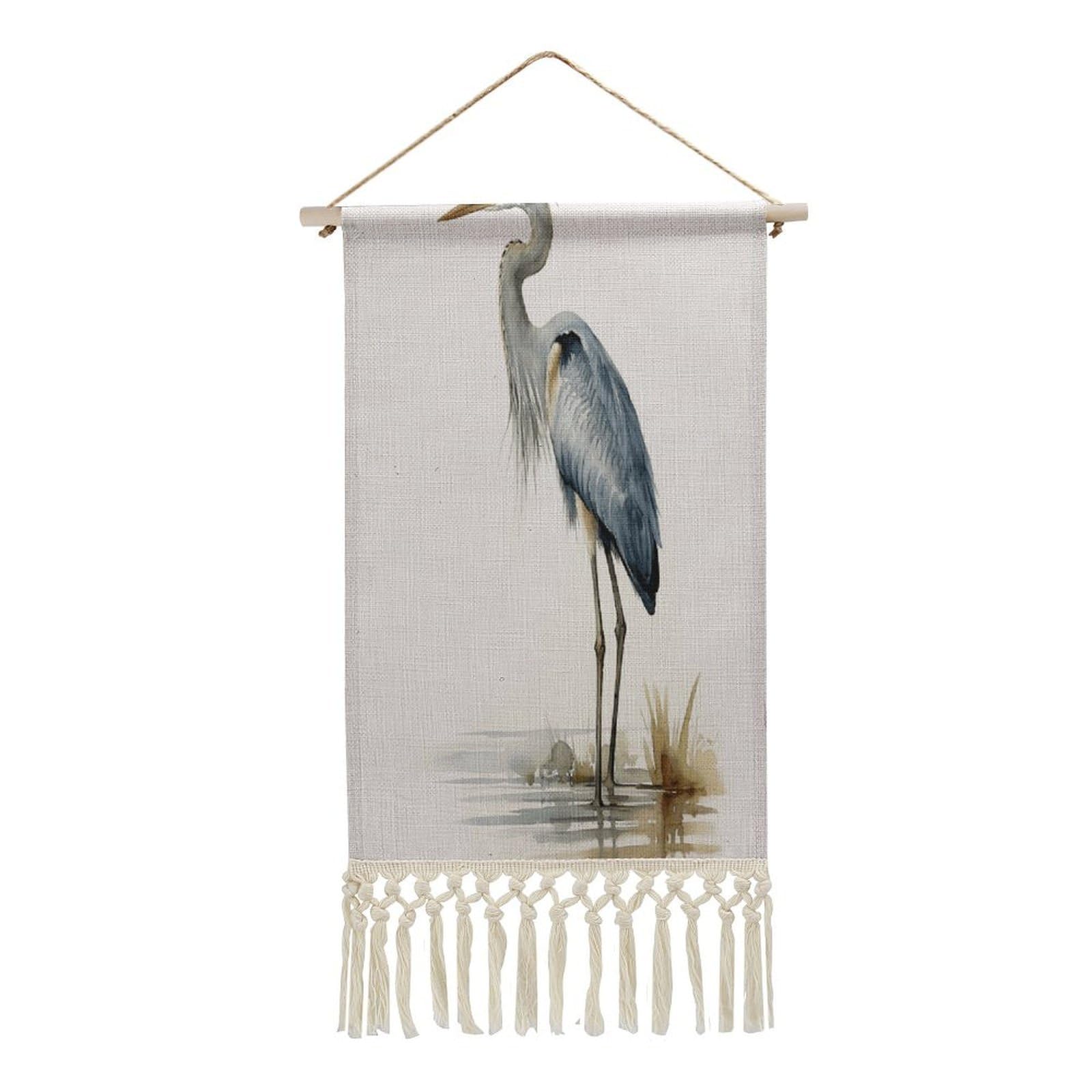 VstaDank Long-beaked Heron Wall Art Decor with Tassels 20"x10" Cotton Linen Hanging Tapestry Decor Wall Art Prints Wood Frame Boho Wall Art Poster for Bedroom Living Room Office