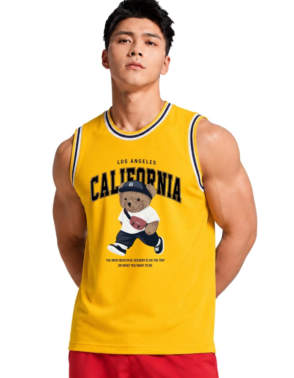 Men's Printed Waffle Tank Top, Yellow, S-image-12