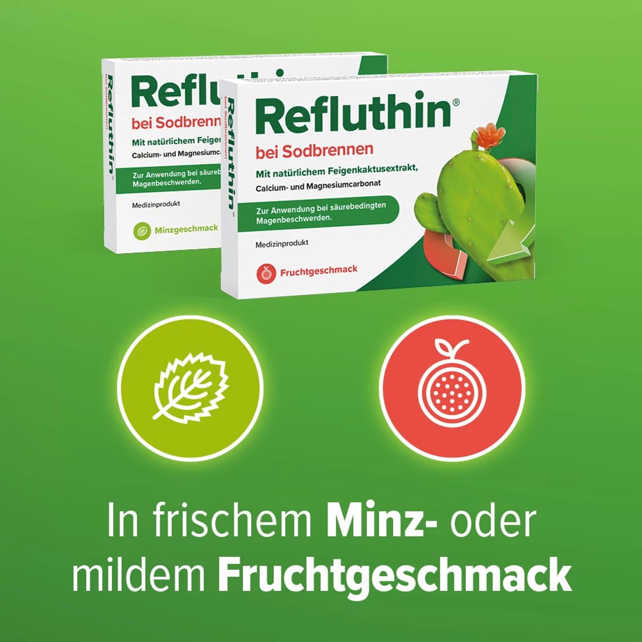 Refluthin bei Sodbrennen | 16 +16 Kautabletten in Frucht- und Minzgeschmack | Medizinprodukt | Reflux-Beschwerden & Sodbrennen | neutralisiert überschüssige Magensäure | vegan & glutenfrei