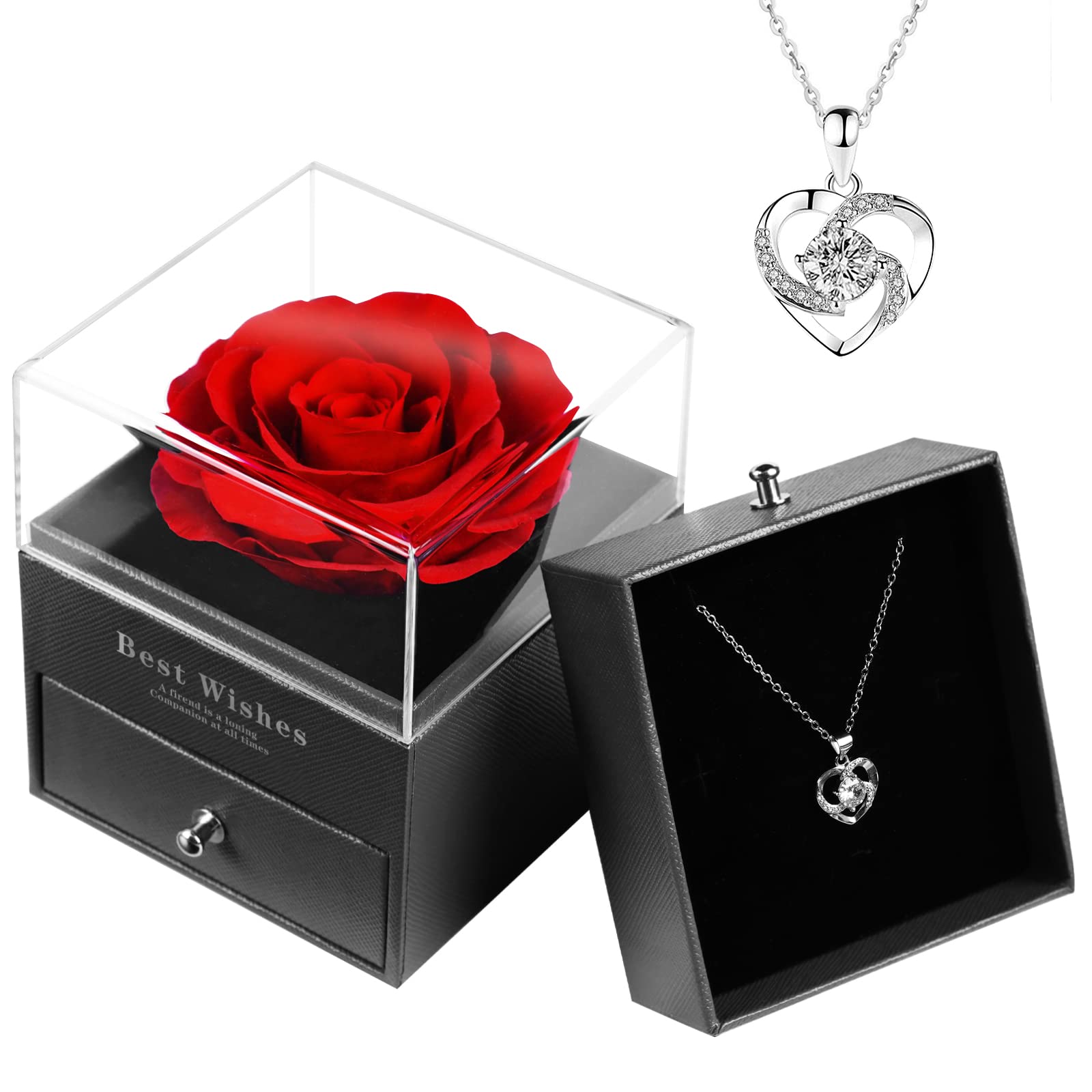 Coindivi Preserved Rose with Necklace, Valentines Day Gifts for Her, Women, Wife, Girlfriend, Forever Rose Gifts for Mom Grandma on Birthday, Mothers Day, Anniversary, Preserved Flowers Jewelry Box