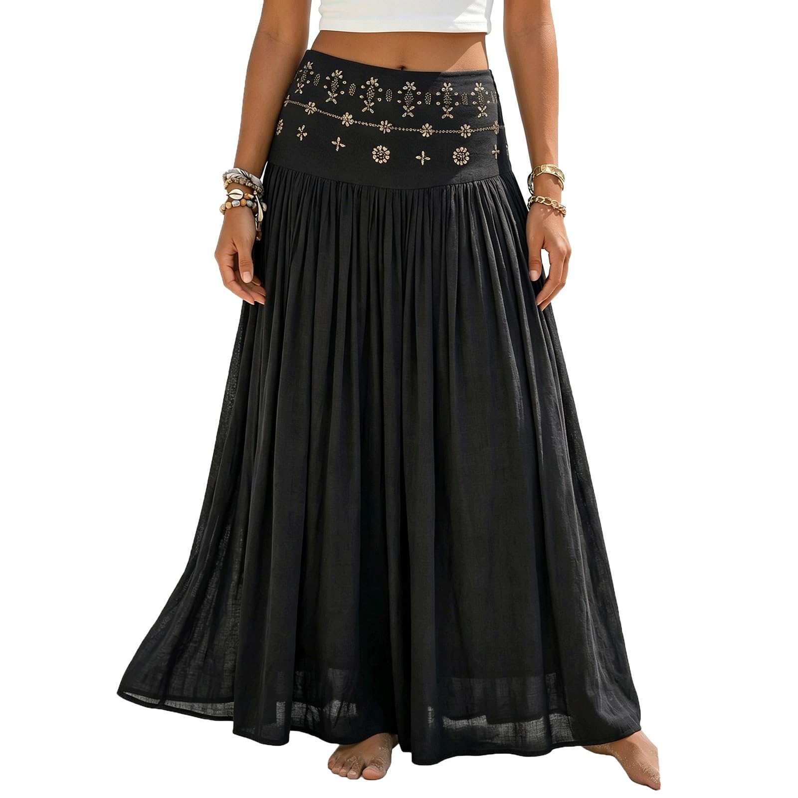 UYHBCNQD Women's Maxi Skirts Solid Color Midi Long Skirt Rhinestone Decor(Nero,Lagre)