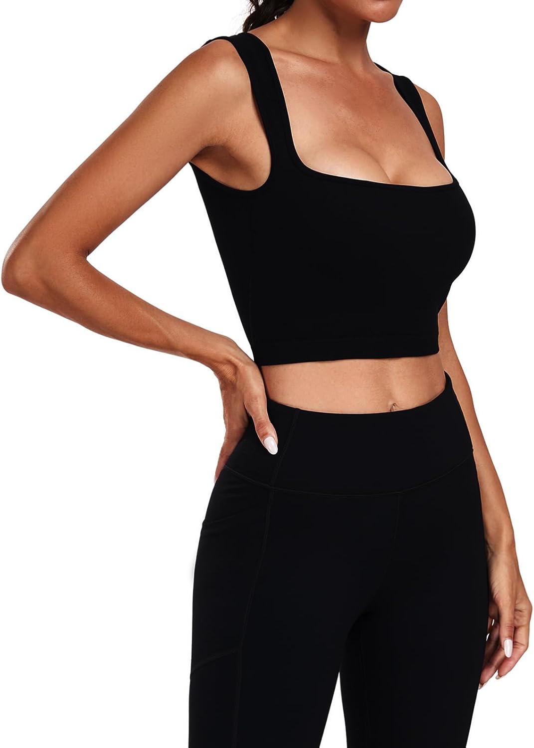 Women's Longline Square Neck Sports Tank Top with Bulit in Bra Workout Sleeveless Crop Top - Image 3