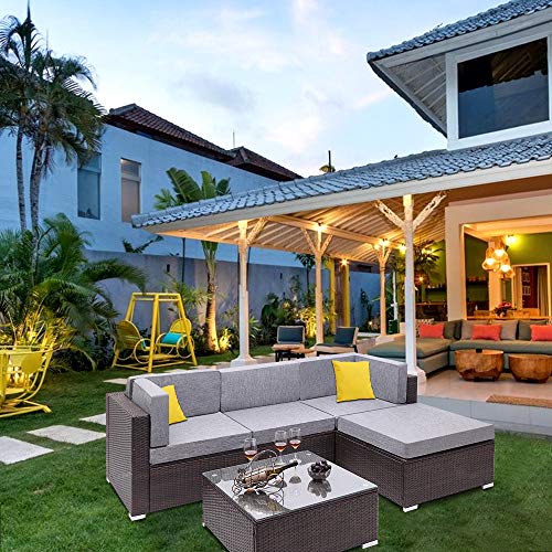 FAVOR Conjunto de Sofá Moderno de Canto de Vime de Rattan com Almofadas para Jardim ao Ar Livre Conj