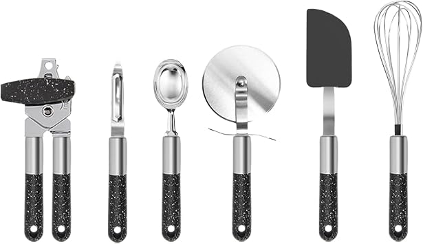 6-Piece Stainless Steel Kitchen Gadget Set, Black with White Speckles