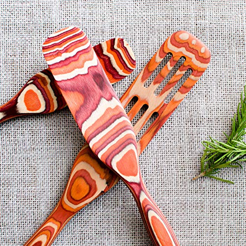 Crate Collective Pakkawood Kitchen Utensil Set - 3 Piece Cookware Set with Slotted Spatula & Spurtle - Non Stick, Eco Friendly, Exotic Cooking Utensils for Kitchen & Gifts (Sunrise)