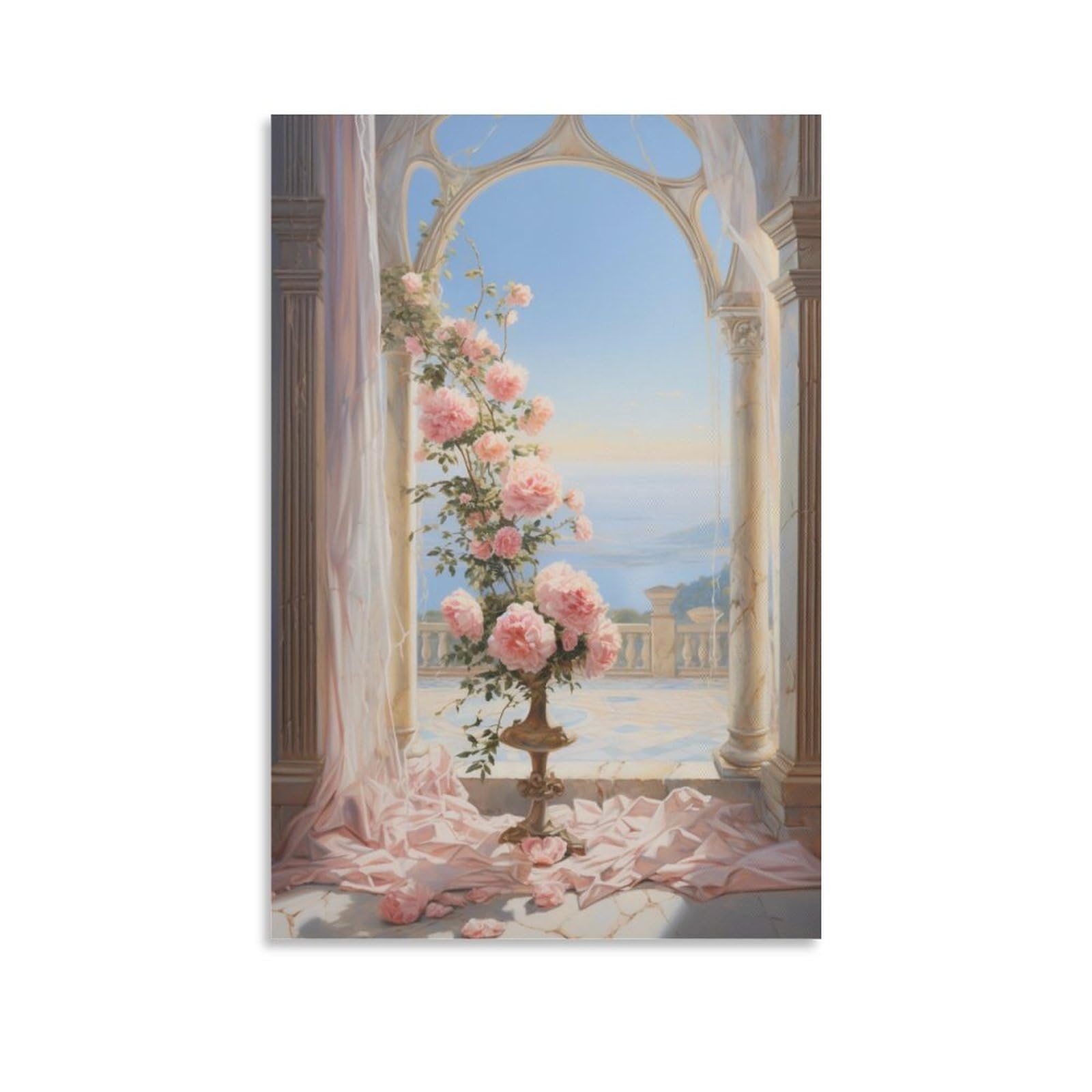 Ayaros Unframe-Romantic Pink Flowers Romantic Pink Flowers Canvas Wall Art For Bedroom Sweet European Castle View Wall Decor Poster For Room Aesthetic Unframed 24X36 Inch