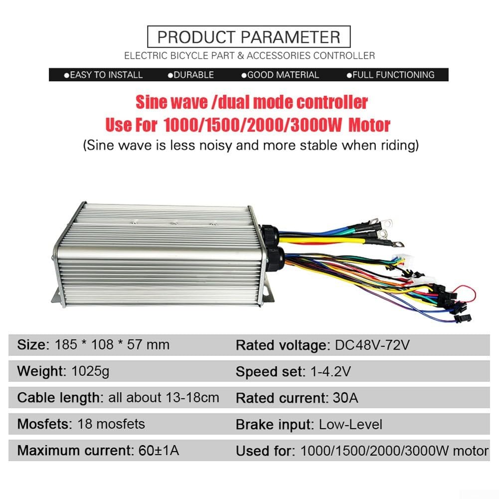 Yhenlovtt JN-60A Contrôleur double moteur 48V-72V 60A 18 MOS Compatible avec moteurs Hall et Non-Hall 1000W-3000W pour vélo et scooter électrique