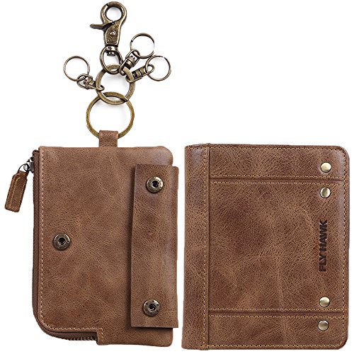 Mens Genuine Leather RFID Blocking Bifold Wallets Classic Vintage Wallets with Coin Pouch and Keychains Brown