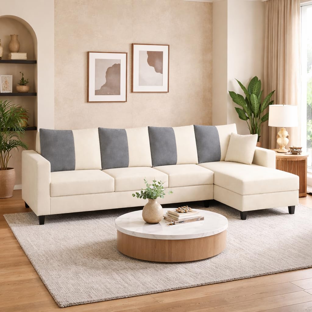 Dona Luxe Velvet-Suede Fabric 6 Seater RHS L Shape Sofa Set | Comfortable & Spacious Seating | Modern Sofa Set for Living Room – Cream & Dark Gray-image-20