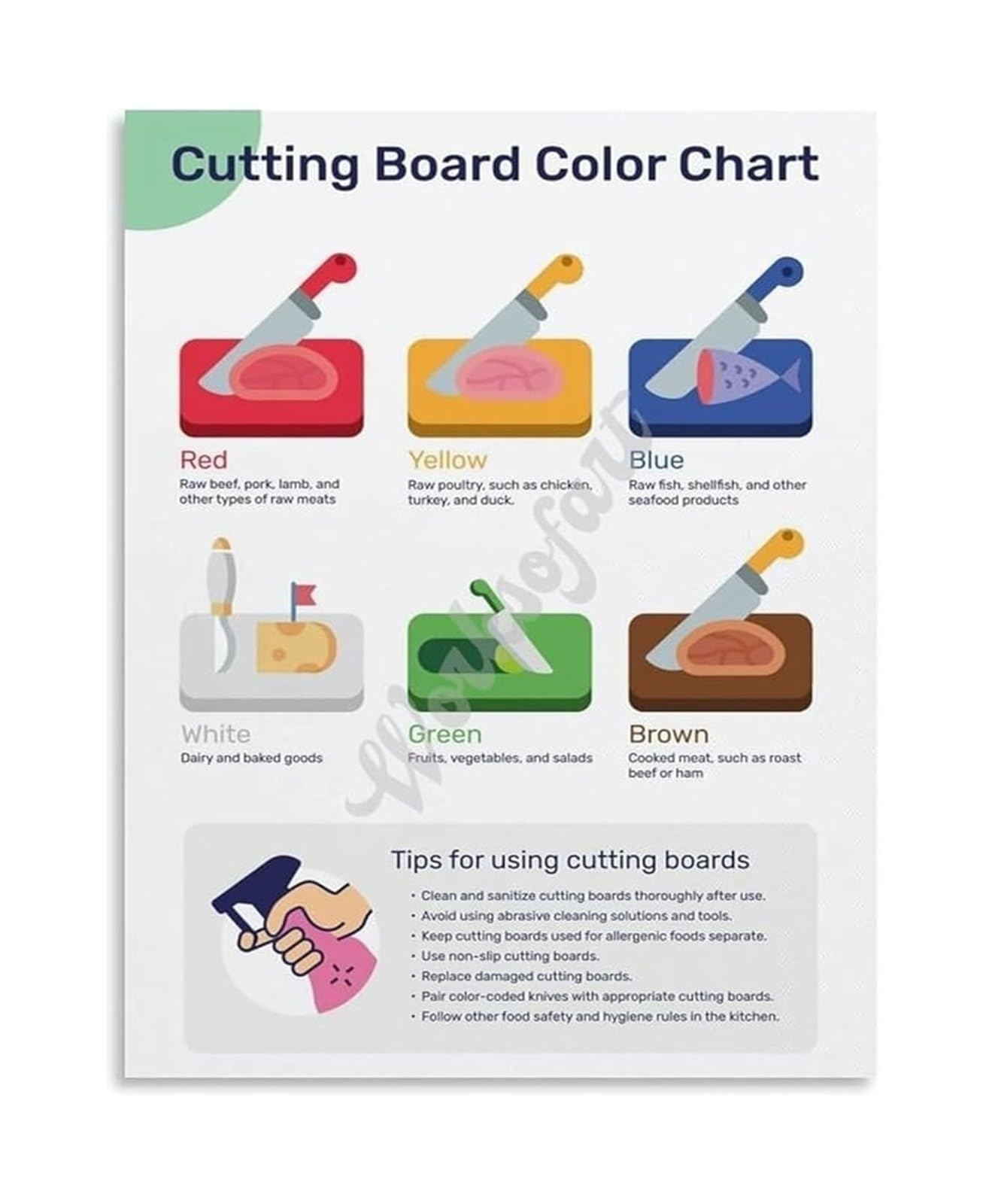 IDGTTLDF Kitchen Poster Color Coded Chopping Board Guide Chart Food Cross Contamination Prevention for Restaurants Unframed,16x24inch(40x60cm)