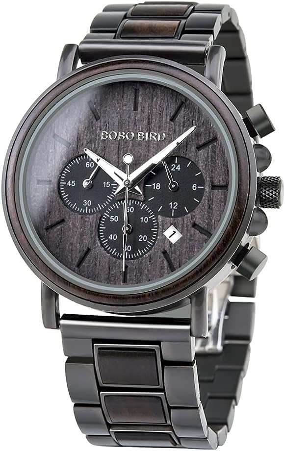 Mens Wooden Watches Business Casual Wristwatches Stylish Ebony Wood & Stainless Steel Combined Chronograph