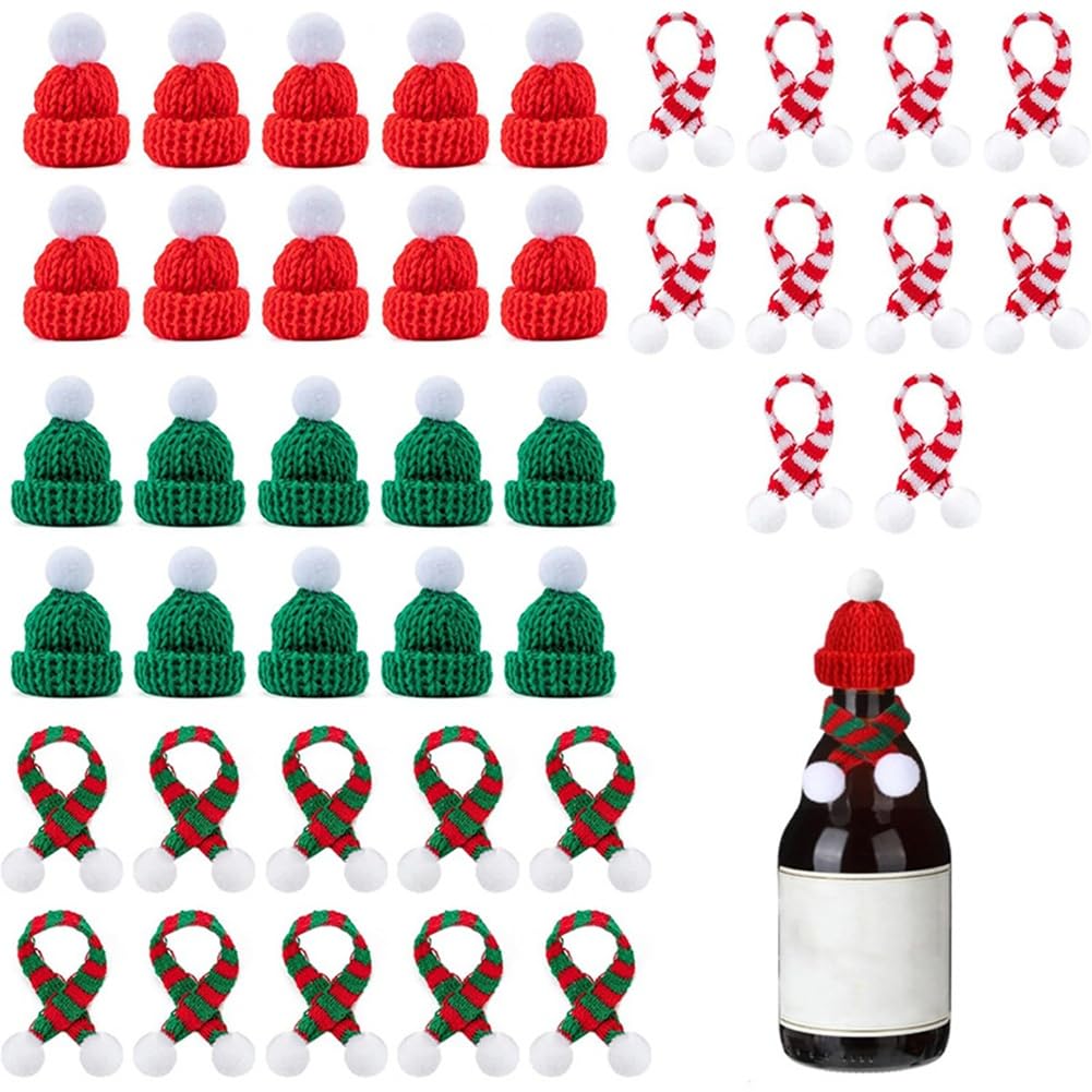 CTRLZS For Crafts, 40 Pcs Mini Christmas Knit Hats and Scarves Set- Tiny Santa Cap and Scarf Ornament Kit