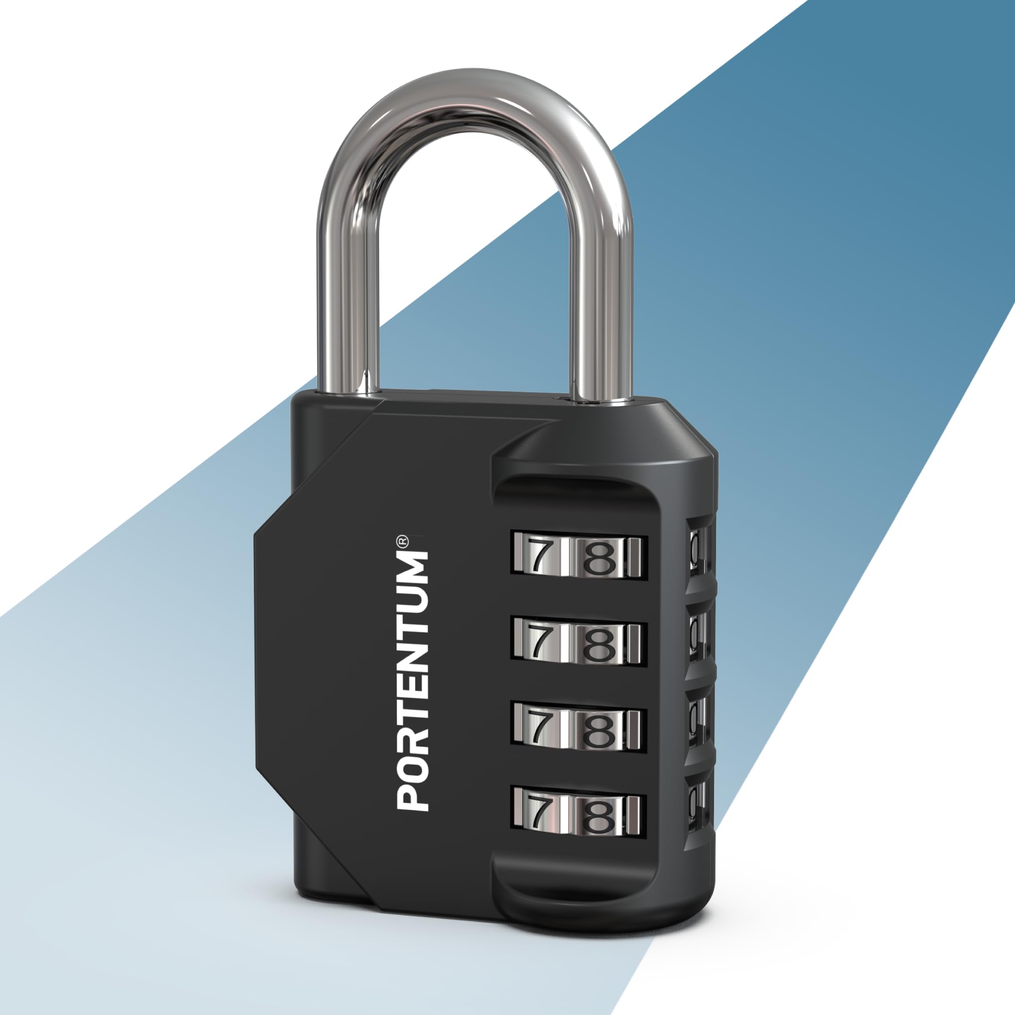 PORTENTUM Combination Padlock 4 Digit resettable – Padlocks with Code for Gym lockers cabinets Gates and Sheds – Outdoor Padlock Weatherproof Black with zinc Alloy Body and Steel Shackle
