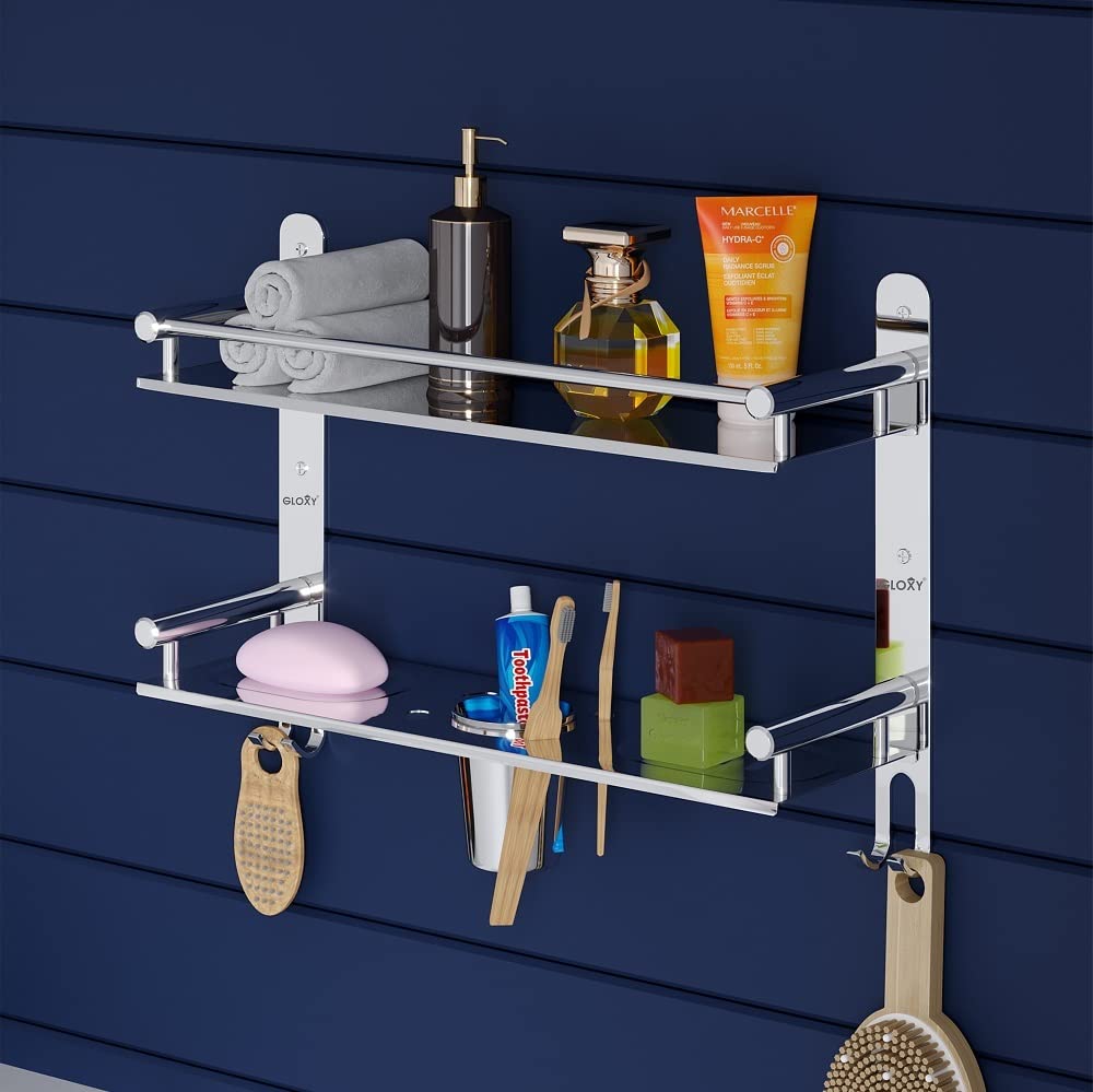 GLOTON 4 in 1 Multipurpose Stainless Steel Bathroom Racks and Shelves with Soap Dish and Toothbrush Holder Soap and Brush Holder for Bathroom Accessories and Fittings (15 x 5 Inches)