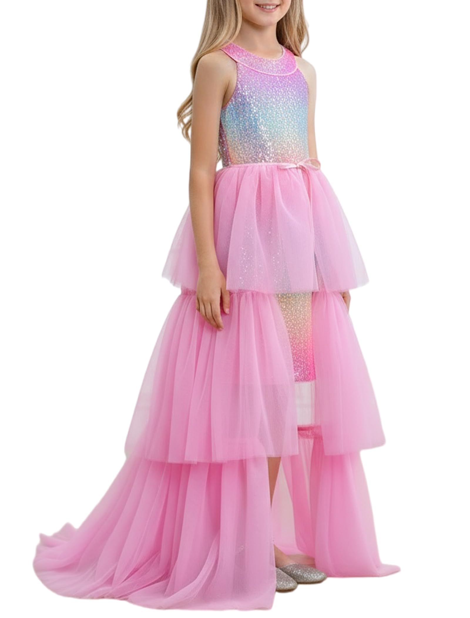 Girls Sequin Dress Halter Formal Pageant Prom Party Graduation Dress with Three Layer Mesh Size 5-14Y