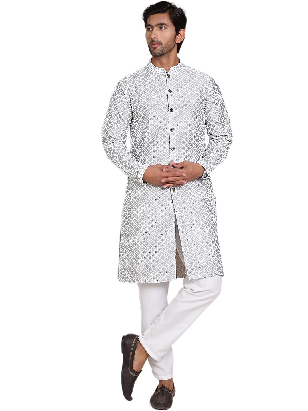 jompers Men's Sequin Chikankari Front Open Kurta With Pyjamas-picture-36