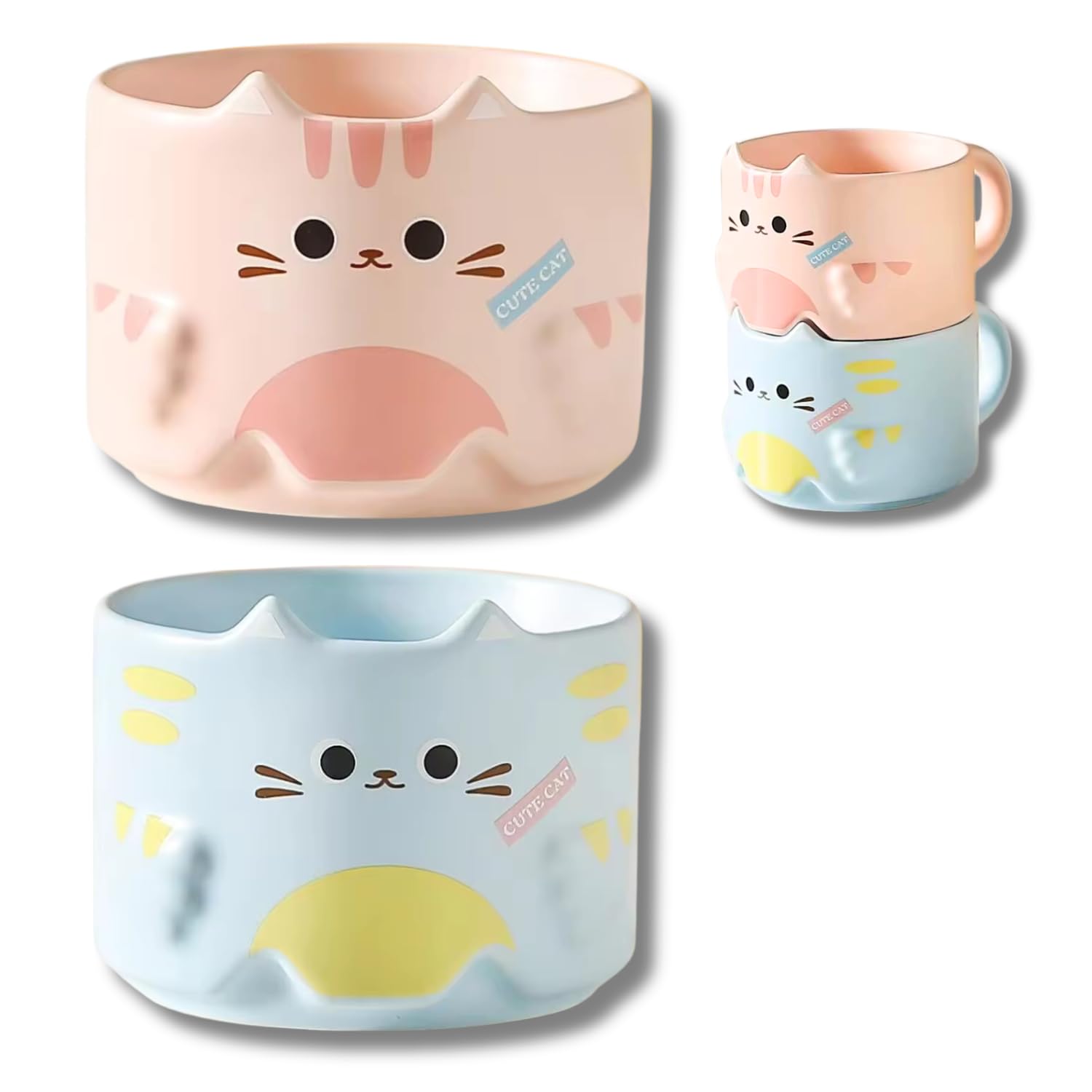 2 Pack Cute Kitten Mugs - Adorable Ceramic 300ml/10oz Teacup and Coffee Cup Set - Stackable Eared Mug Set with Pink and Blue Options for Cat Lovers & Kids