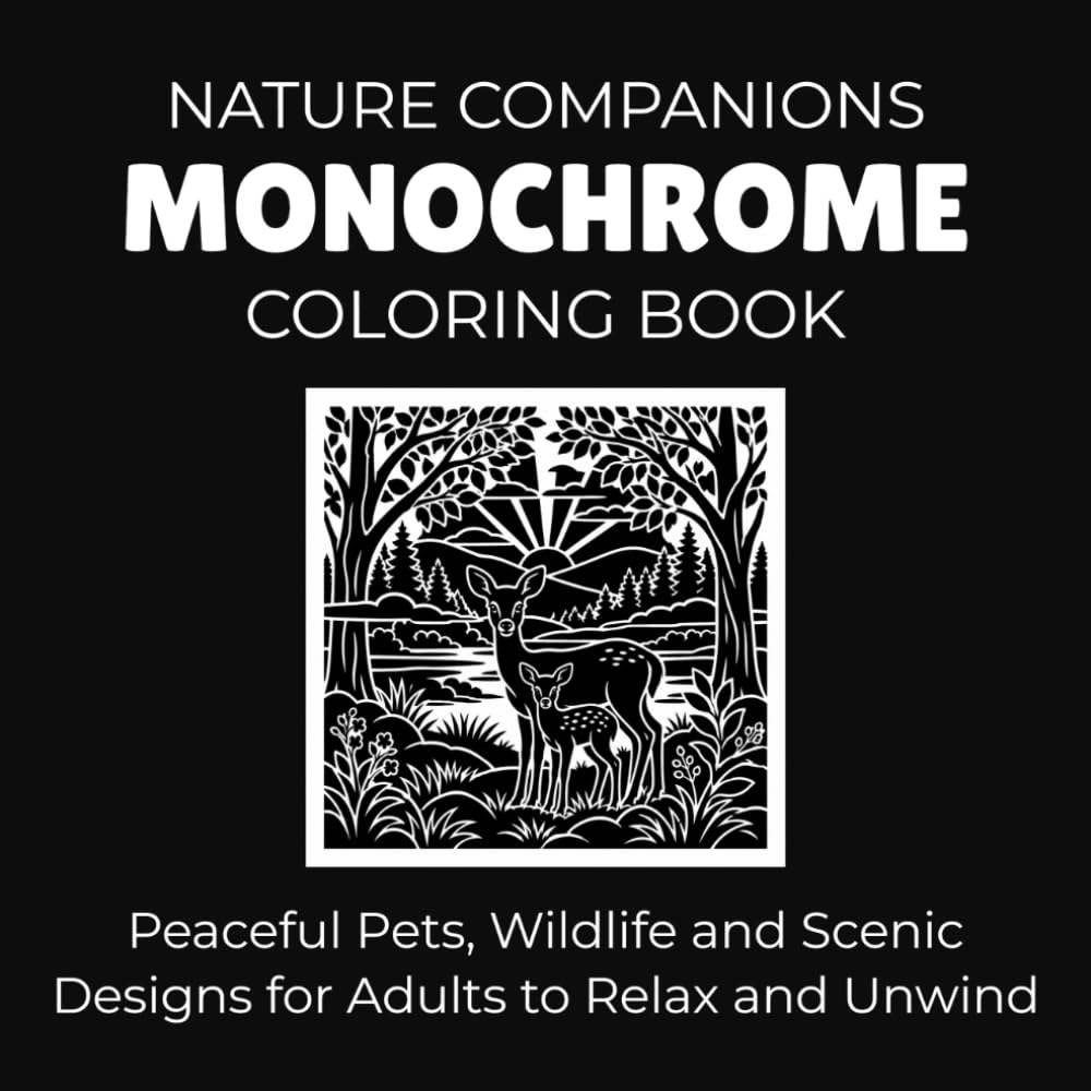 Nature Companions Monochrome Coloring Book: Peaceful Pets, Wildlife and Scenic Designs for Adults to Relax and Unwind (Peaceful Monochrome Moments)