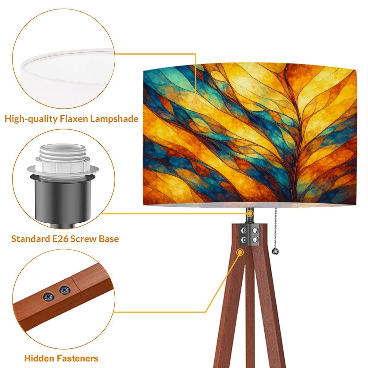 Wood Tripod Floor Lamp Colorful stained glass window Abstract