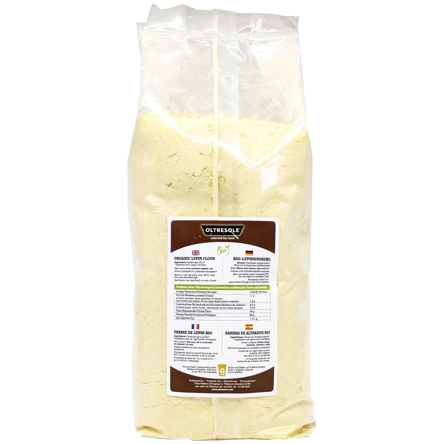 Oltresole - Harina de Altramuz Ecológica 1 kg - Harina de Legumbre Ecológica, Rica en Proteínas, Baja en Carbohidratos, Rica en Fibra, Perfecta para Dulces y Salados, Vegana