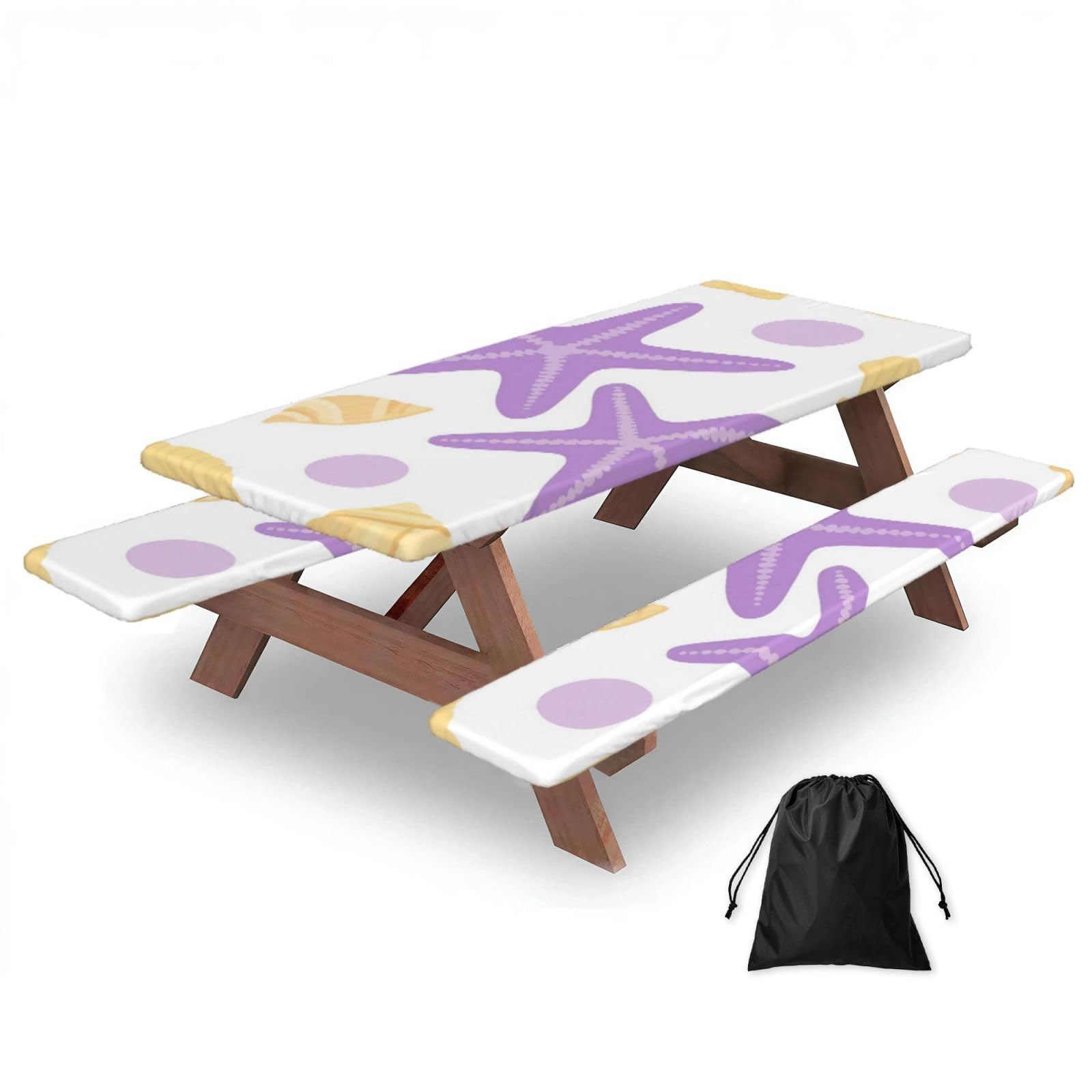 FekiLoot Starfish Seashell Picnic Table Cover with Bench Covers and Bag, Windproof Waterproof Rectangle Tablecloth with Elastic Edges Fitted Camping Table Covers for Picnic Party Travel