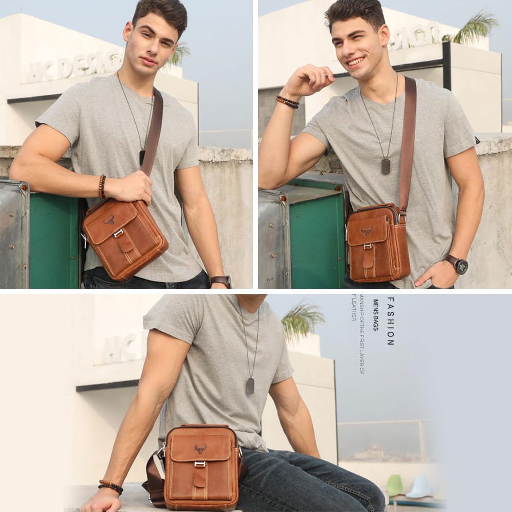 VINBAGGE Petit Sac à bandouliere en Cuir Véritable Sacoche Bandouliere Homme Cartable Sac de Messager Pochette Porte-Documents Sac porté épaule Business