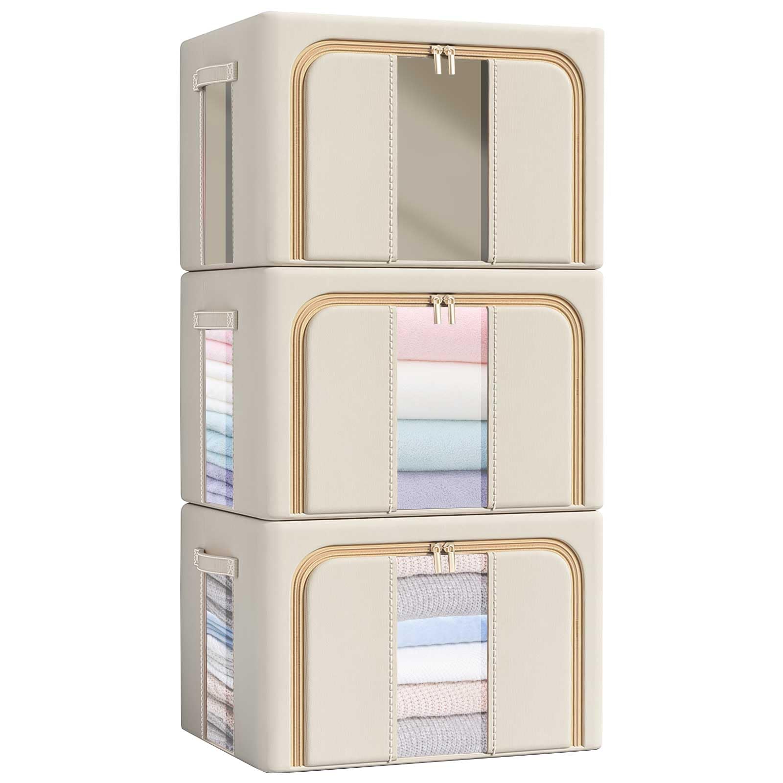 Paquete de 3 cajas de almacenamiento apilables para ropa, bolsa de almacenamiento plegable de 66 L con marco de acero, ventana transparente, apertura frontal con cremallera y asas, organizador de