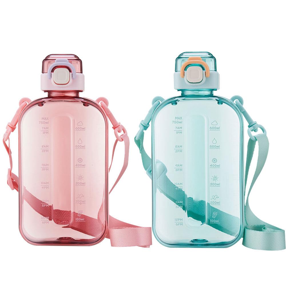 2 botellas de agua deportivas de 750 ml planas con correa ajustable para gimnasio