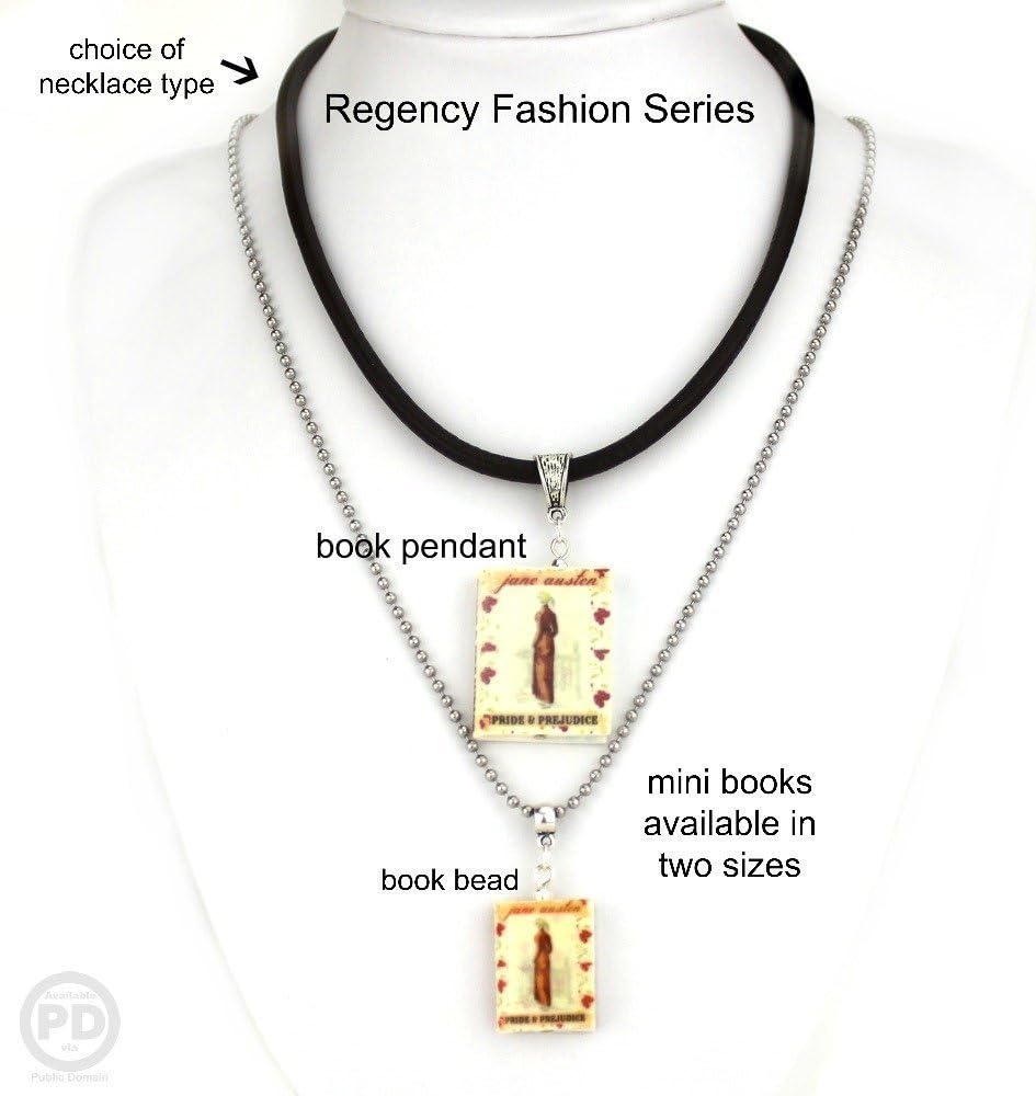 Pride and Prejudice Jane Austen Clay Mini Book Bead Pendant Necklace Chain Cord Extender Unisex