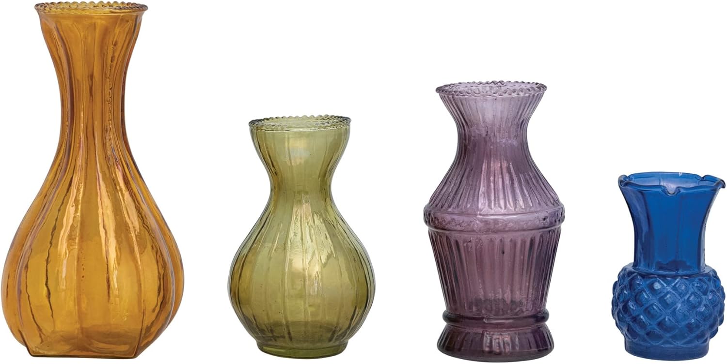 Multicolor Debossed Glass Bud Vase Set of 4