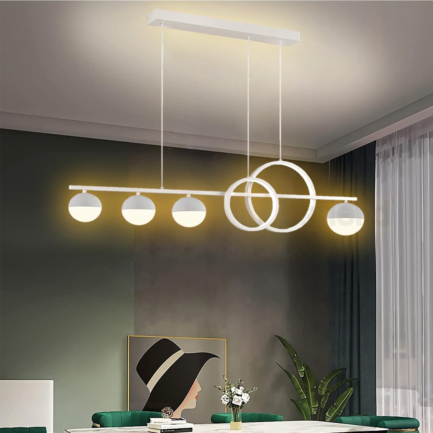 KXEcoLife Modern Dimmable LED Pendant Light with Remote Control Adjustable Height Chandelier for Dining Table Kitchen Island and Bar White Ceiling Lighting (L95cm)