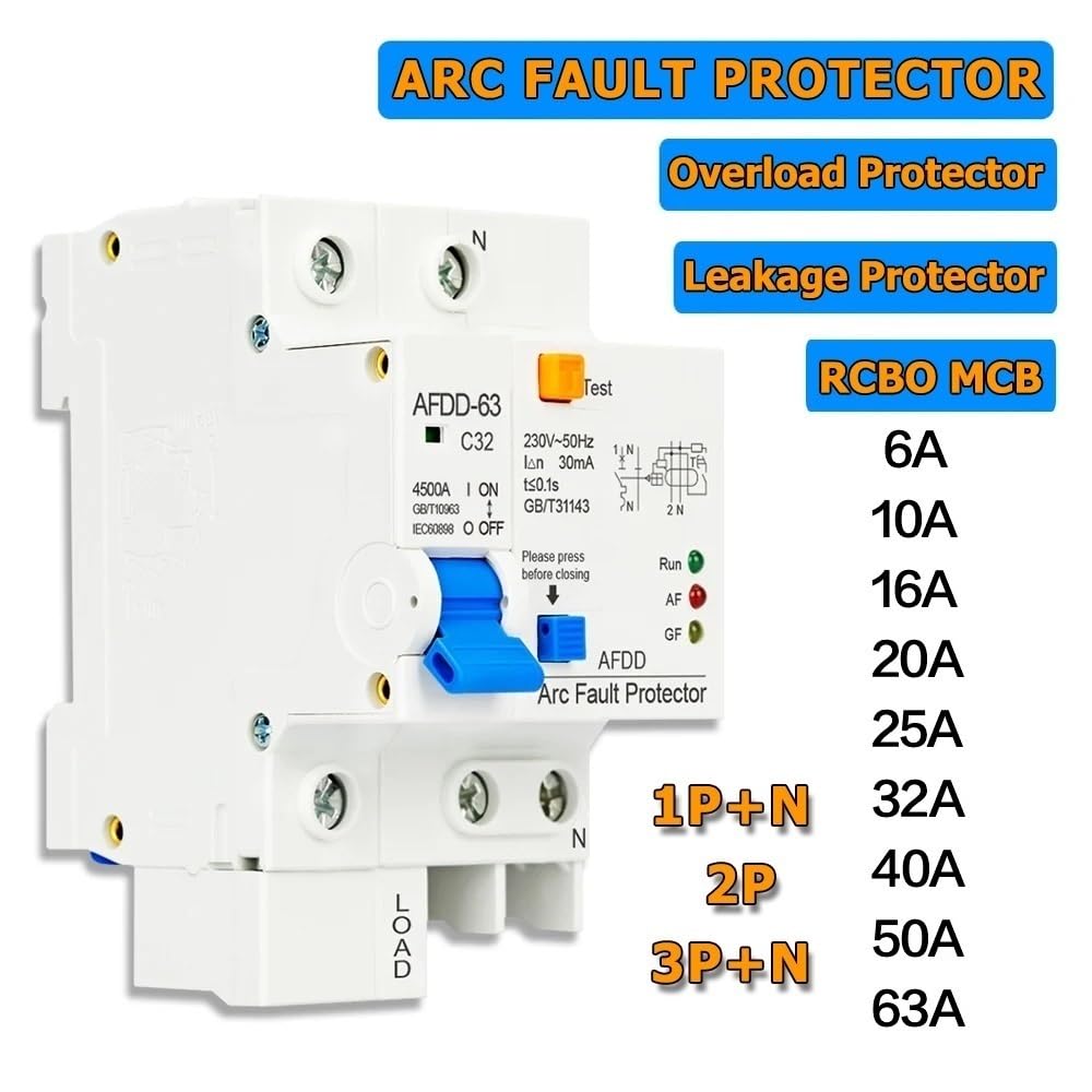 AFDD-63 1P+N 2P 3P+ Fault Arc Protector Circuit Breaker 16A 20A 25A 32A 63A Short Overload Leakage Protection RCBO MCB(2P,63A)