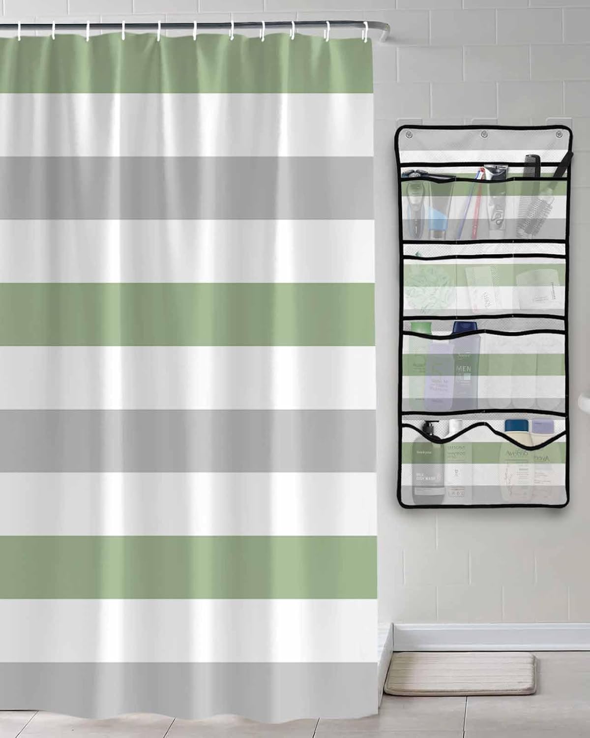 Decorative Shower Curtain Sets Ombre Stripe Polyester Fabric Waterproof Shower Curtains Modern Geometric Gray White Sage Green Mesh