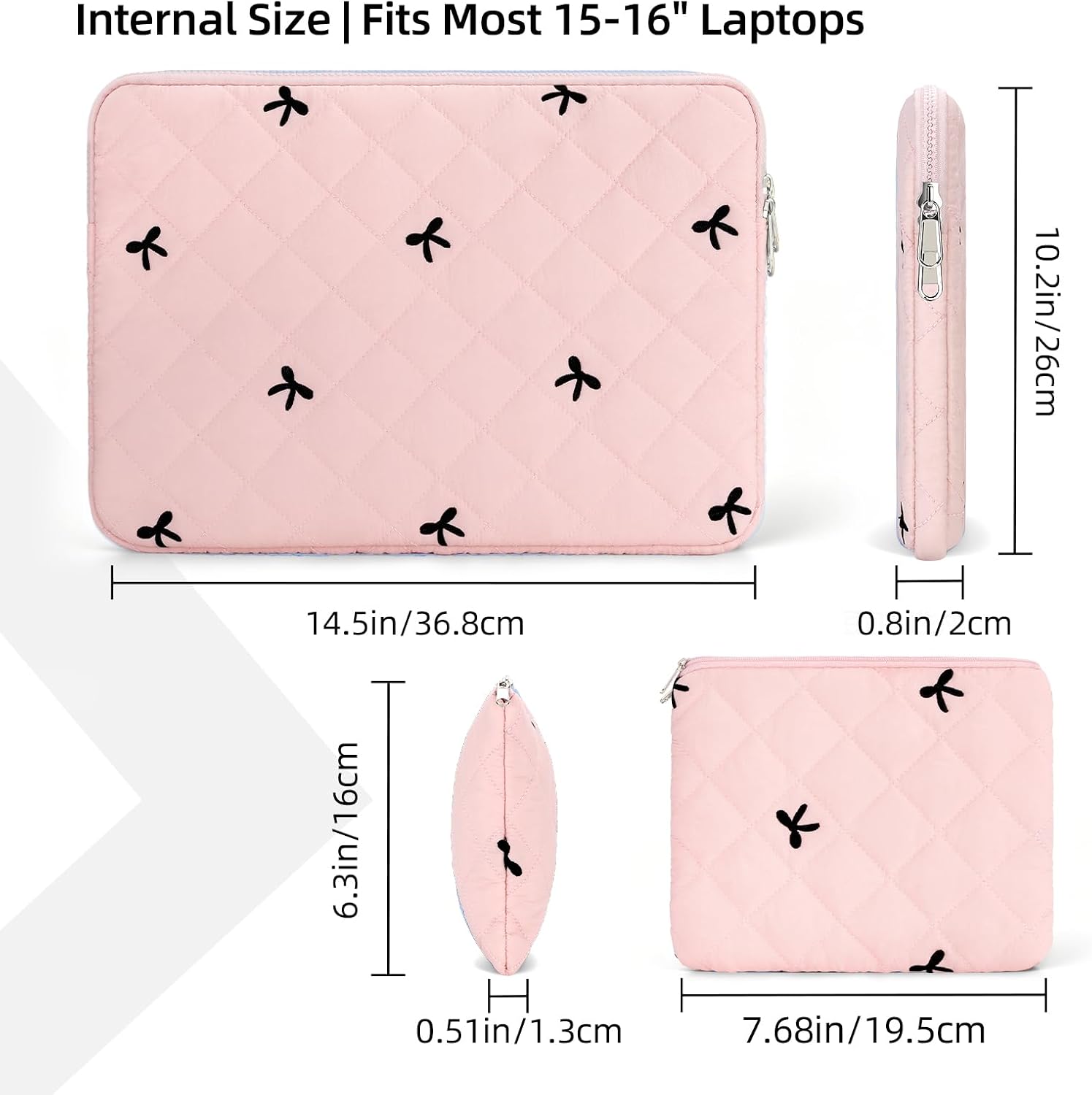 15-16 Inch Laptop Sleeve, Bow Embroidered with Pouch, Pink image 5