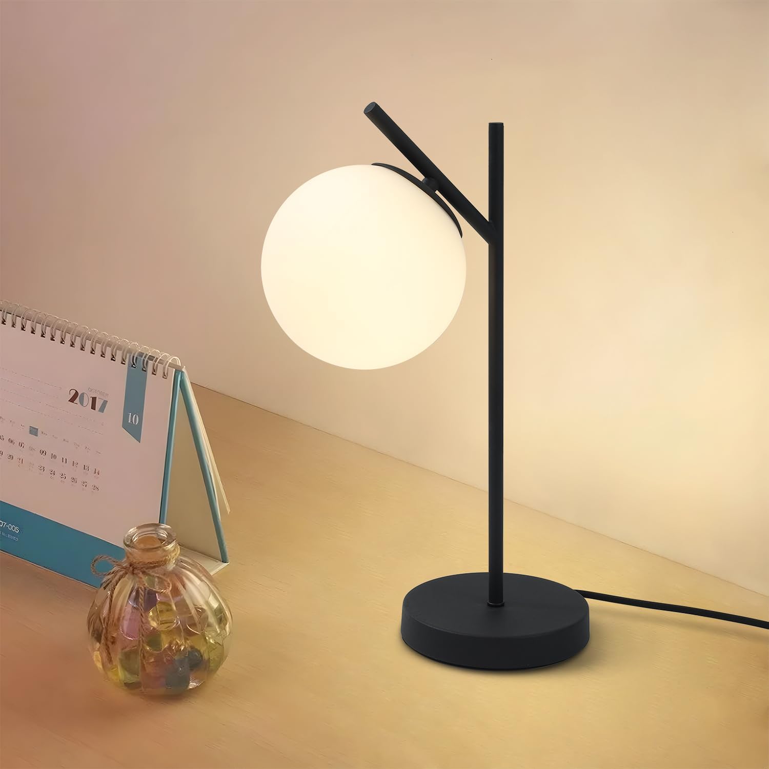 Mid Century Modern Table Lamp Contemporary White Glass Globe Table Lamp Vintage Nordic Desk Lamp Metal Nightstand Lamp for Office Study Room Bedroom(H19.2)