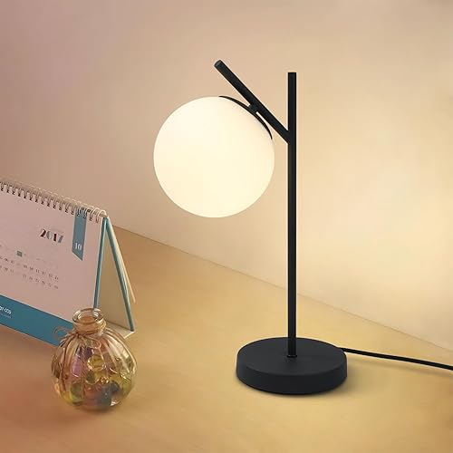 Miniatura 12 de Lámpara de mesa moderna de mediados de siglo, lámpara de mesita de noche de globo dorado con pantalla de vidrio coñac, lámpara de escritorio de