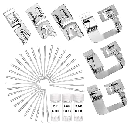 6 Pcs Hemming Foot Kit - 3 Pcs Narrow Rolled Hem Sewing Machine Presser Foot, 3 Pcs Wide Hem Presser Foot and 30 Pcs Sewing Machine Needles, Suitable for Household Multi-Function Sewing Machines