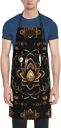 JENKEM Delantal impermeable de flores de loto dorado con bolsillos delantales de cocina ajustables babero de cocina para hornear hogar