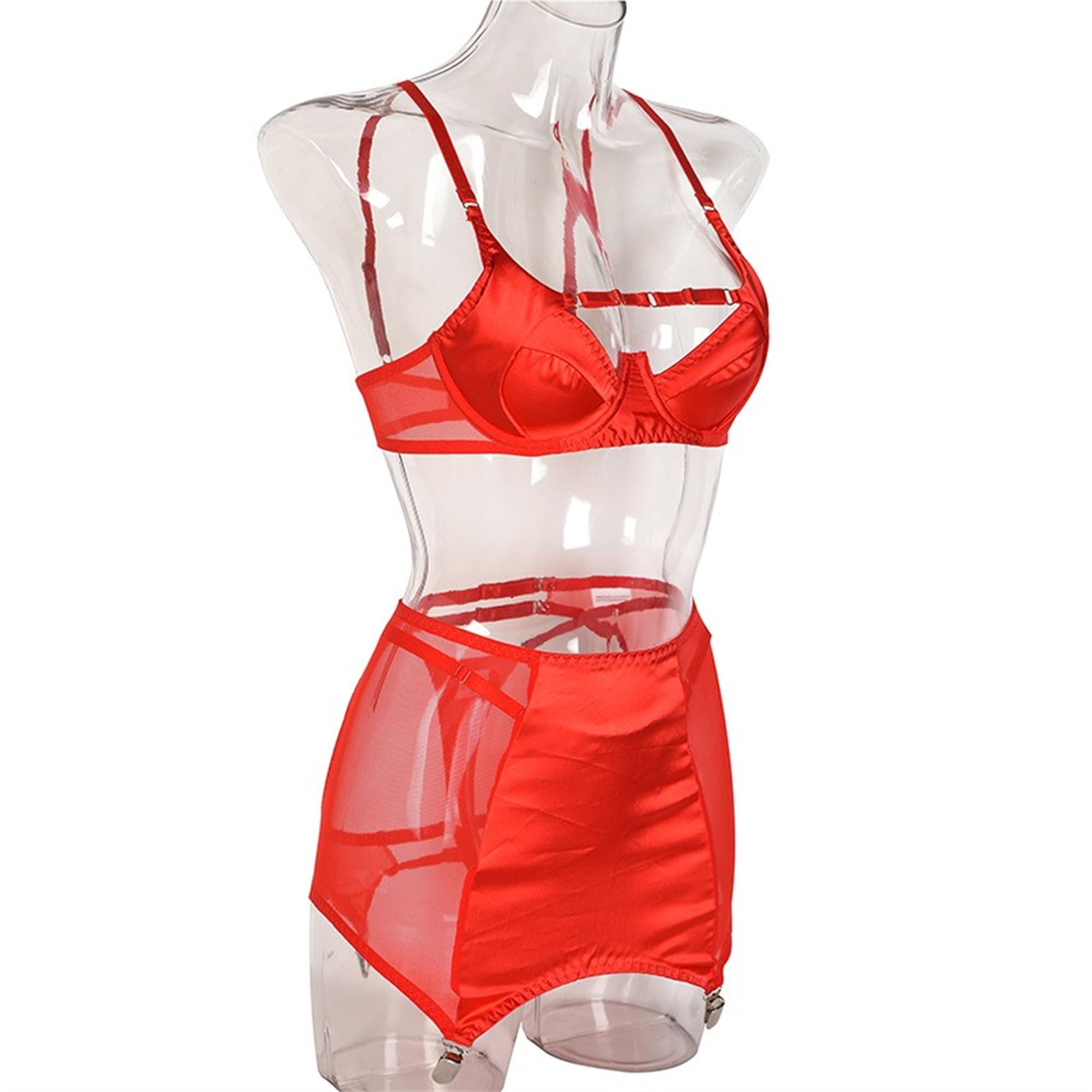 Bragas y sujetador sexy de corte para mujer, conjunto de lencería de cintura alta, conjunto de lencería transparente con liga y 4 pinzas de metal
