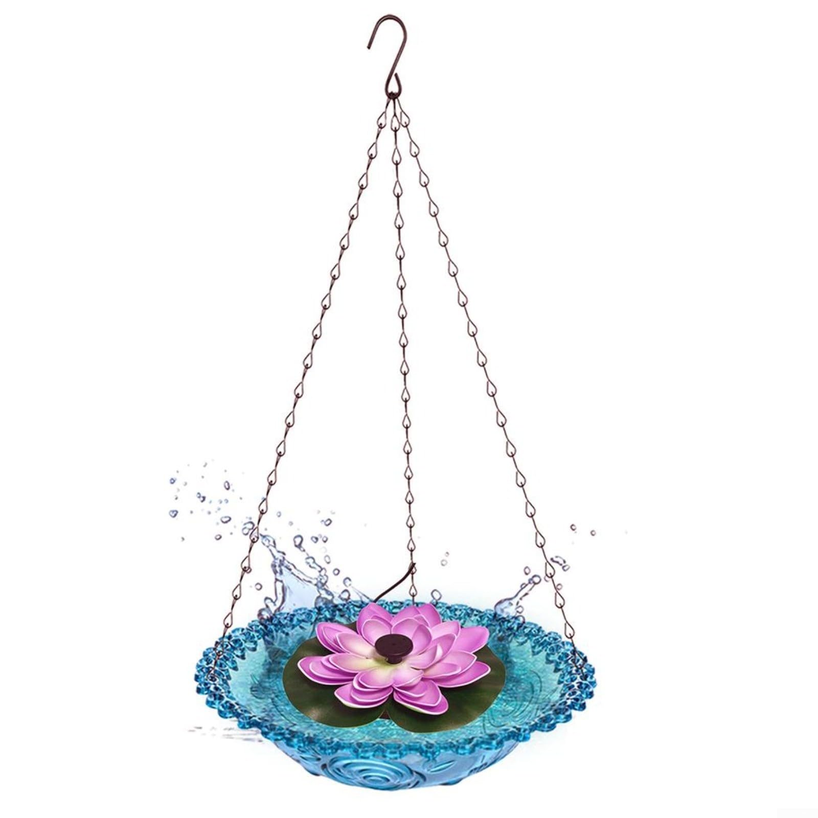 Abbeveratoio per uccelli da appendere all'esterno, alimentato a energia solare, fontana di loto per esterni, giardino, cortile, decorazione ad acqua, 23,5 x 45 cm (blu)
