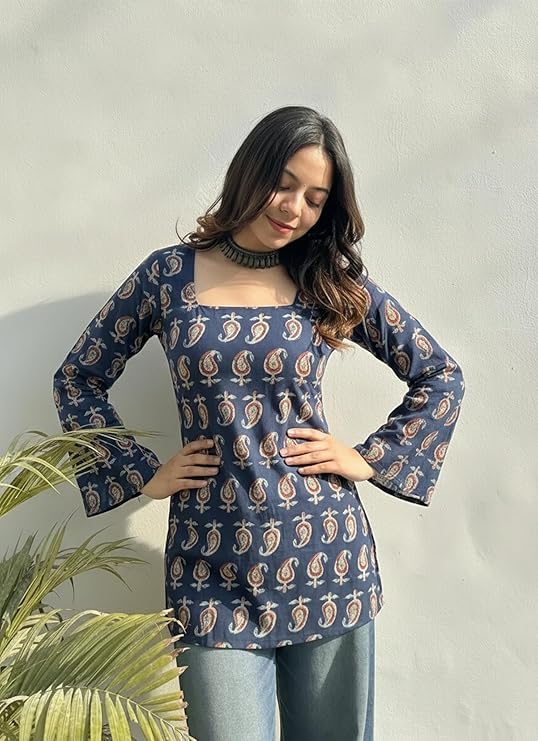 Image of ANNI Designer Women's Viscose Blend Printed Short Kurti | Straight Fit Casual Ethnic Top | Square Neck 3 /4 Sleeve Kurta Office College