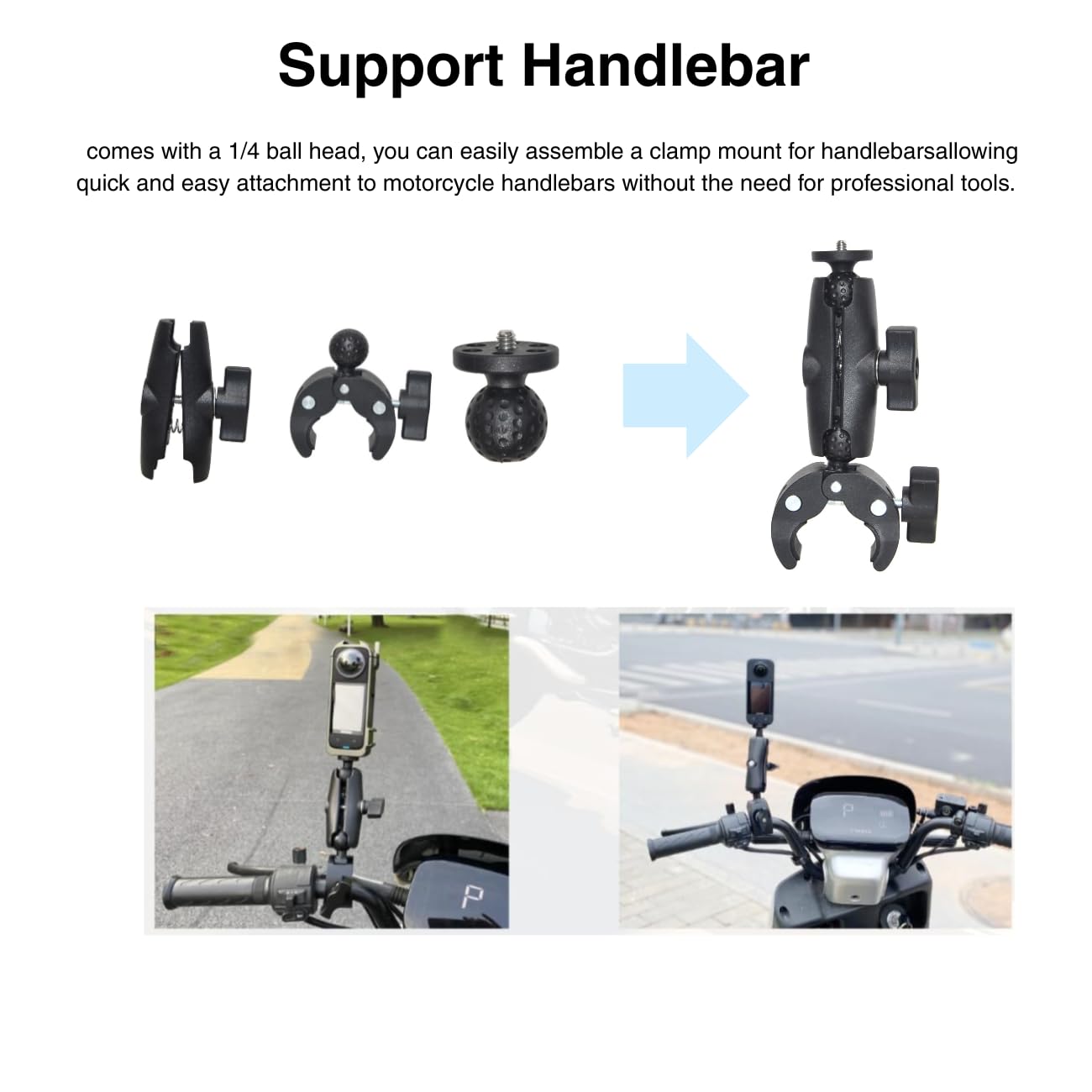 Kamera sportowa na motocykl do Insta360 X5/X3/X2/Ace, GoPro Hero 13, Hero 12, Hero 11/10, obrót o 360 stopni, podwójny zacisk, materiał aluminiowy, podwójna stabilność