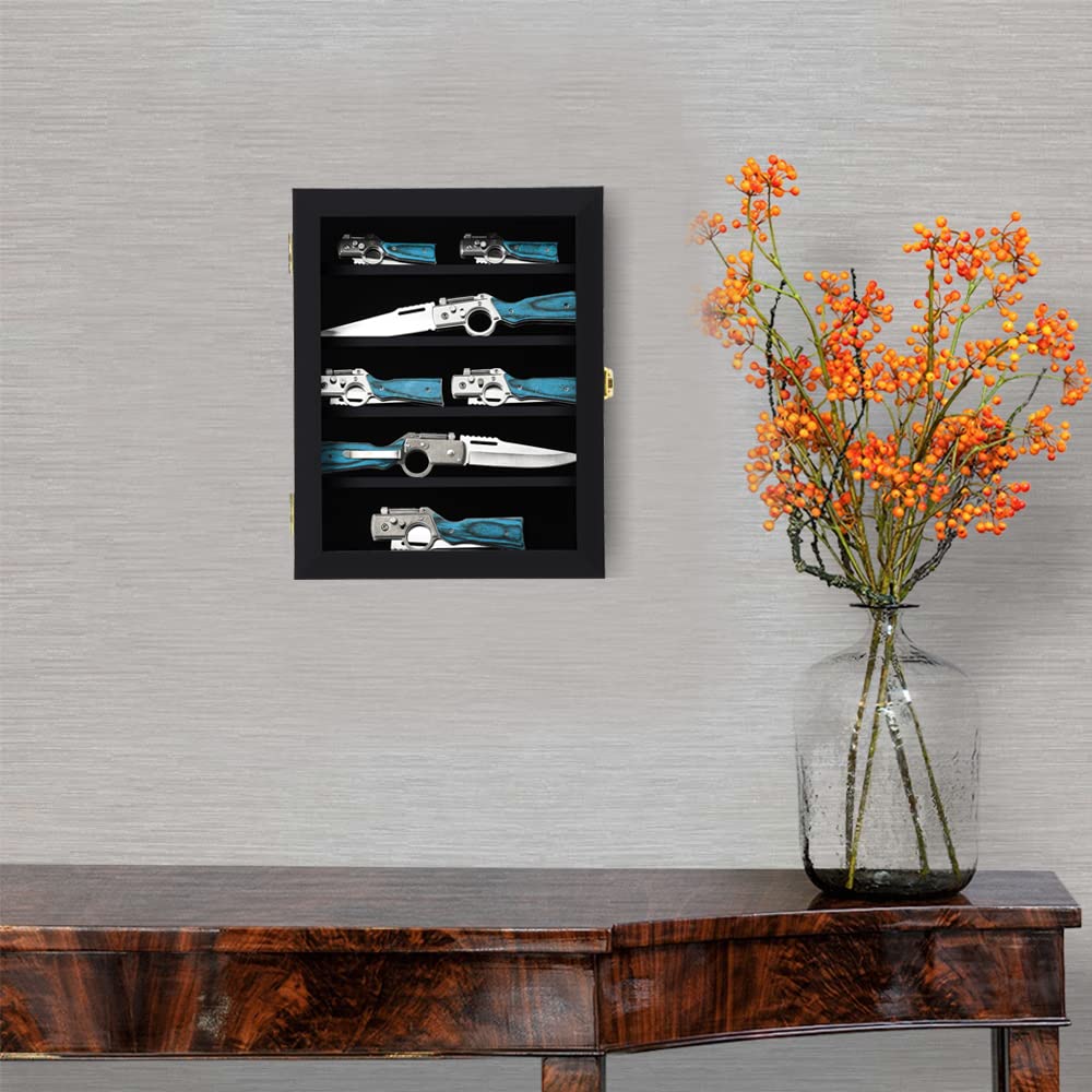 Grintus Taschenmesser Vitrine Messersammlung Display Box für Wand Klappmesser Schrank mit UV-Schutz Acryl abschließbar Schwarz