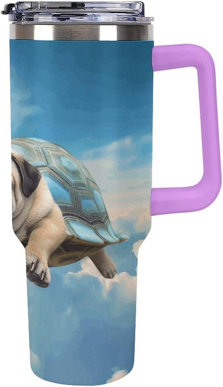 40 Oz Insulated Mug with Handle, Stainless Steel Funny Turtle Pug Dog in The Sky Printed Travel Mug Portable Leak-proof Large Car Mug for Home, Office Or Car