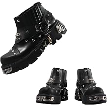 Men's Fashion Genuine Leather Mid Calf Motorcycle Boots, Women Retro Dark Punk Metal Rock Cowboy Boots Platform Shoes