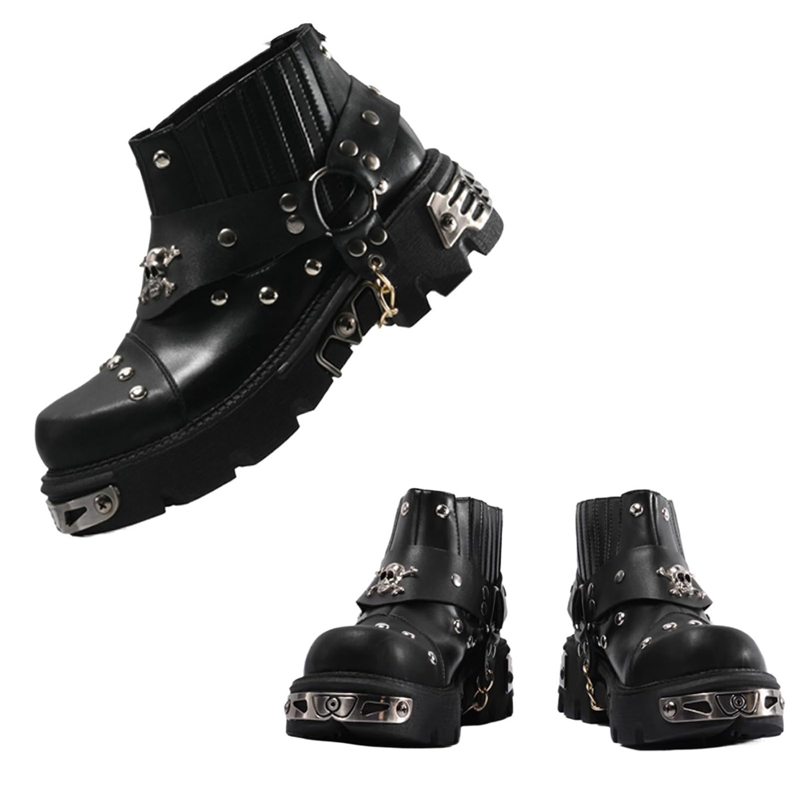 Stivali Da Motociclista A Metà Polpaccio In Vera Pelle Da Uomo, Stivali Da Cowboy Retrò Punk Metal Rock Da Donna, Scarpe Con Plateau