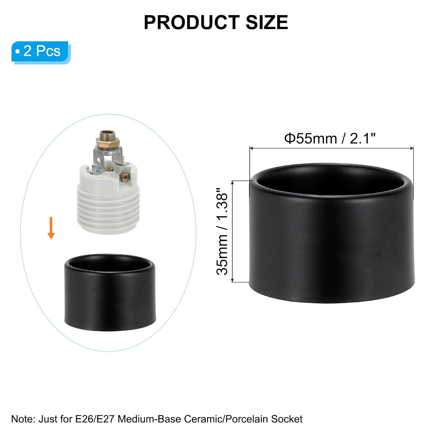 PATIKIL Light Socket Shade Ring, 2pcs E26 E27 Medium Base Metal Sockets Lock Ceramic/Porcelain Sockets with Thread Diameter 1-1/2 Inches for Hanging Lamp Holder, Black 35mm / 1.38"