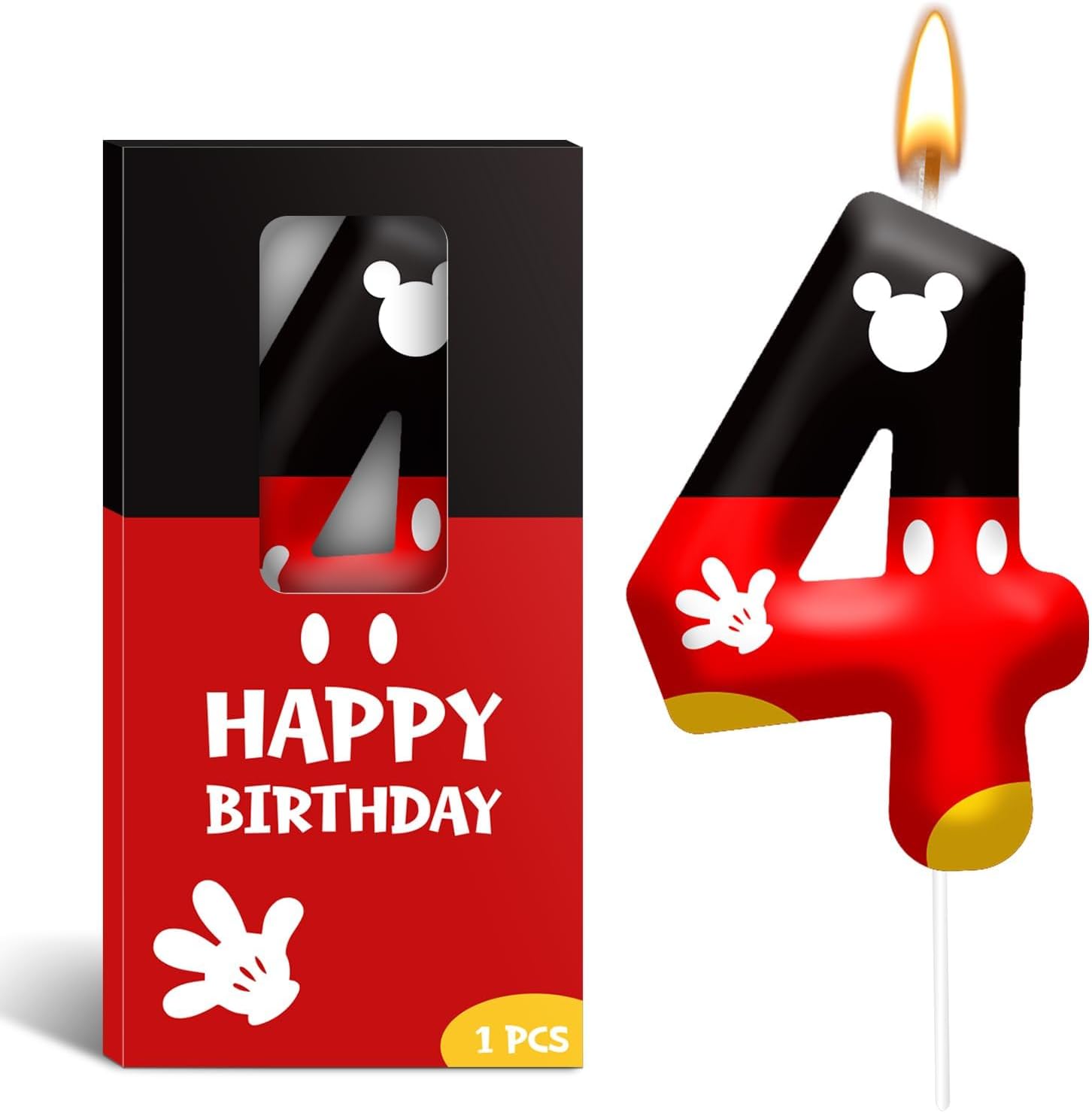 Red Black Digital Birthday Candle Number 4 Red Cartoon Mouse Themed Cake Topper Candle Party Decoration Supplies Birthday Party Cake Decoration (Number 4)